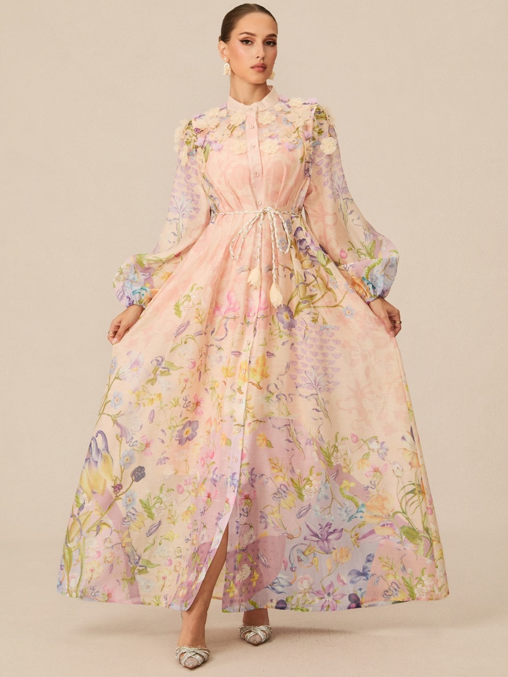 Sunfere Pastel  Floral sheer Maxi Dress   Long Sleeves  floral embellished